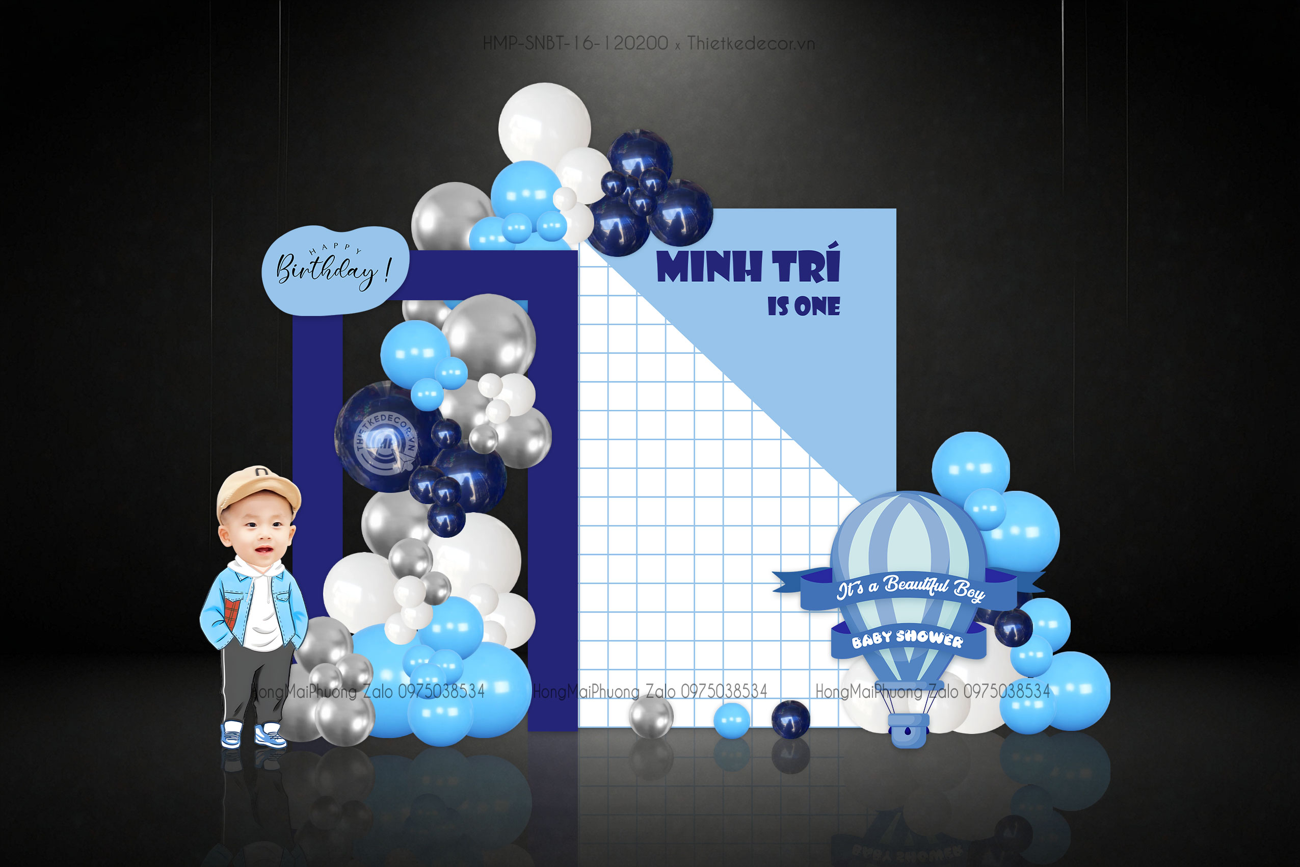 Sinh nhật bé trai tone xanh dương mix khinh khí cầu